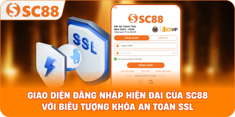  giao diện đăng nhập hiện đại của SC88 với biểu tượng khóa an toàn SSL